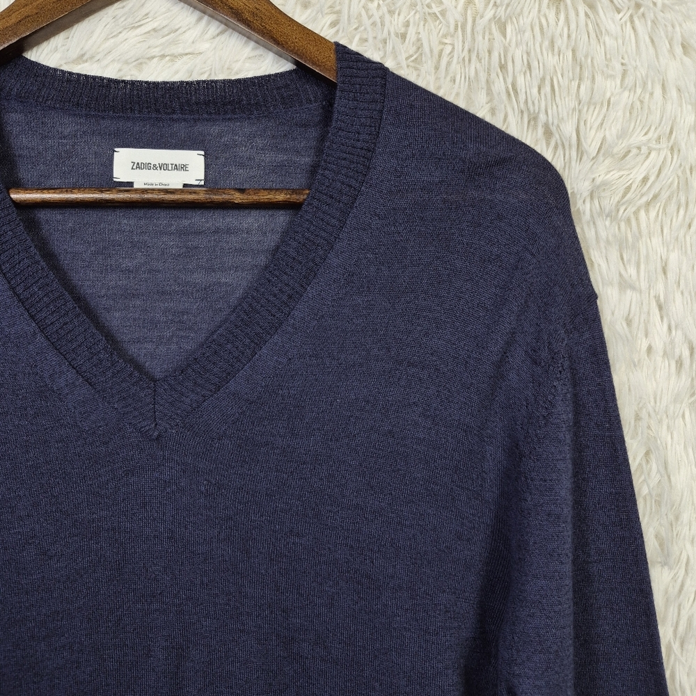 Zadig & Voltaire Rick Navy Blue Wool & Cotton Blend V-Neck Sweater Mens S Preppy